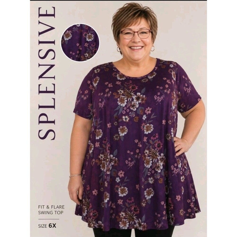 SPLENSIVE Womens 6XL Floral Tropical Swing Fit-n-Flare Spandex SS Purple Top